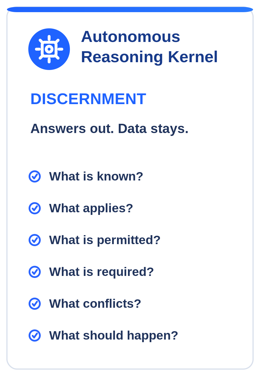Autonomous Reasoning Kernel — Discernment: answers out, data stays